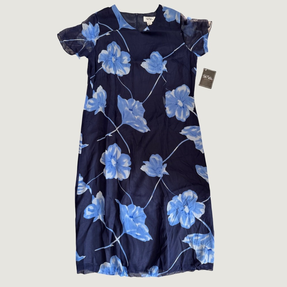 Bob Mackie Studio Navy Blue Floral 100% Silk Sheath Dress 16W NWT 7055W
